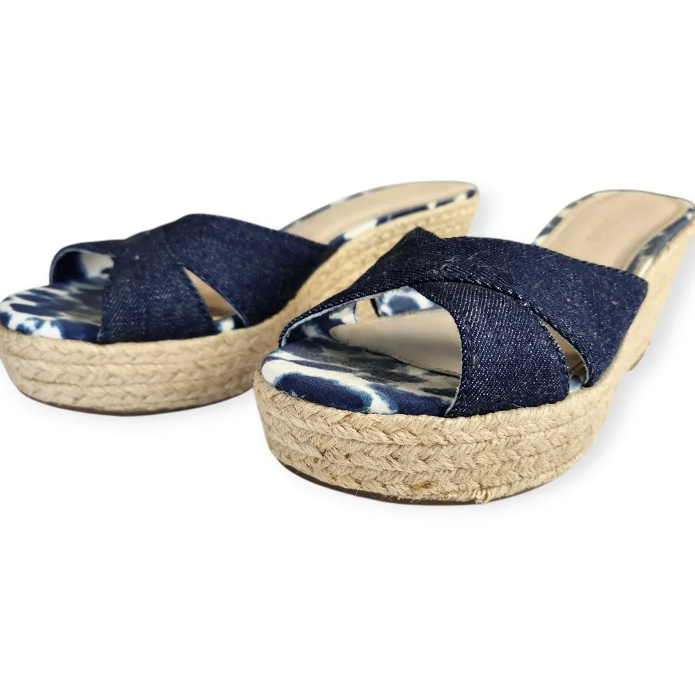 Arturo Chiang Blue Denim Espadrille Wedge Sandals Size 9B